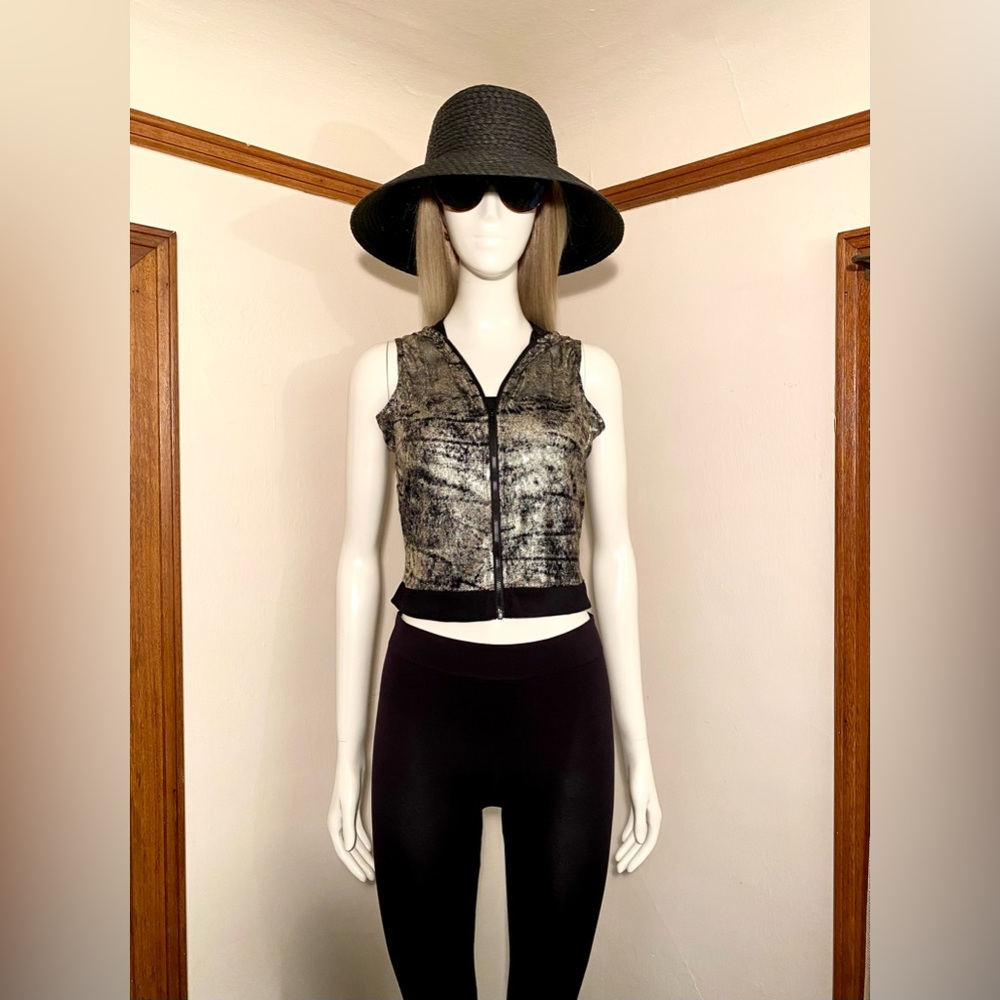 Sheer Metallic Zip Front Top w/Hood
